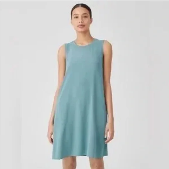 Eileen Fisher Silk Georgette Crepe Round Neck Dress Teal SP - Picture 4 of 9